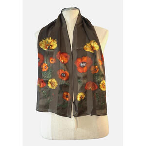 Ellen Tracy Silk Scarf Shawl Wrap Brown with Red Yellow Poppies 11"x53" NWT